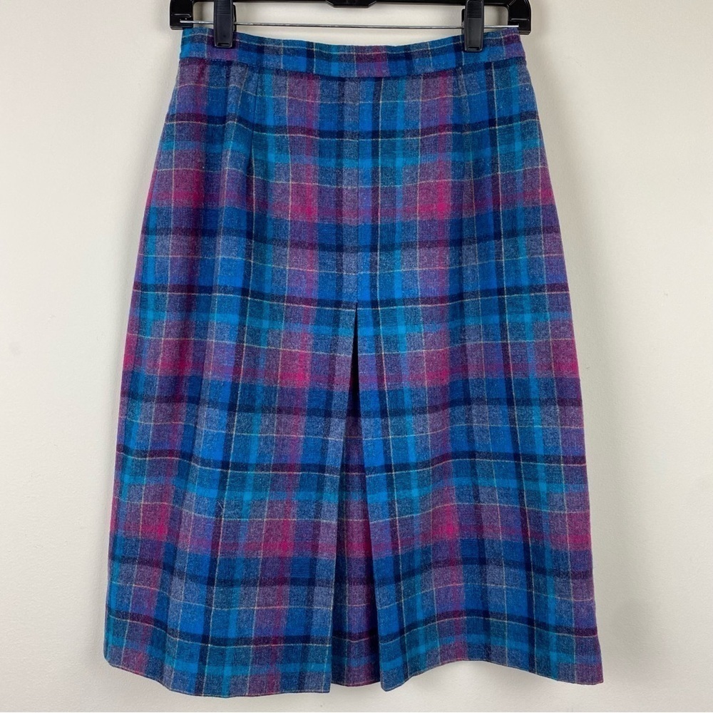 Vintage Wool Turquoise Teal Pink Grey Gold Plaid Homemade Skirt, A-line, Small